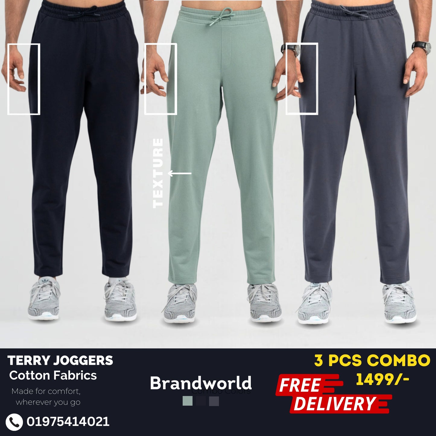 Terry Cotton Joggers- 3 pcs(Green, Grey & Black)