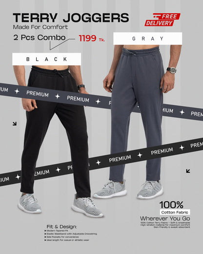 Terry Cotton Joggers- 2 pcs (Black & grey).