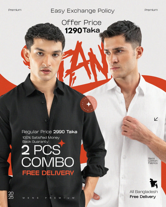 Black & White Airy Linen Blended Shirt.2 pcs