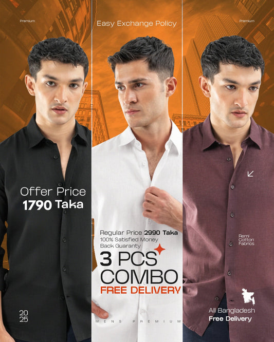 Black,White & Marron Airy Linen Blended Shirt.3 pcs