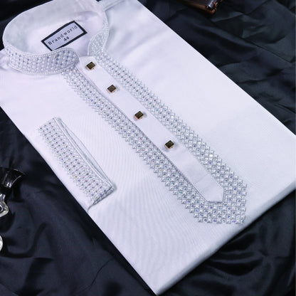 Men Embrodery Panjabi-White Sequence