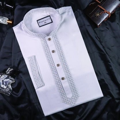 Men Embrodery Panjabi-White Sequence