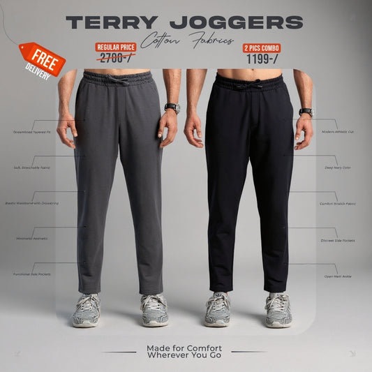 Terry Cotton Joggers- 2 pcs (Black & grey).